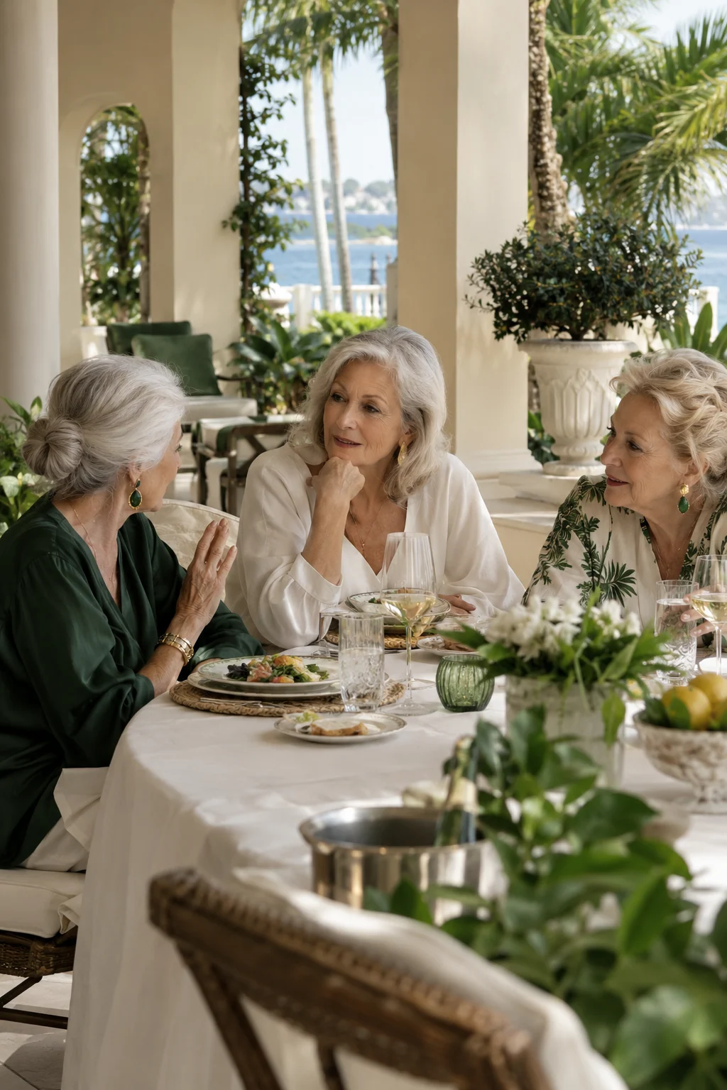 Three elegant mature women sharing a lively conversation over lunch on a palm-filled terrace; an illustrative lifestyle image.