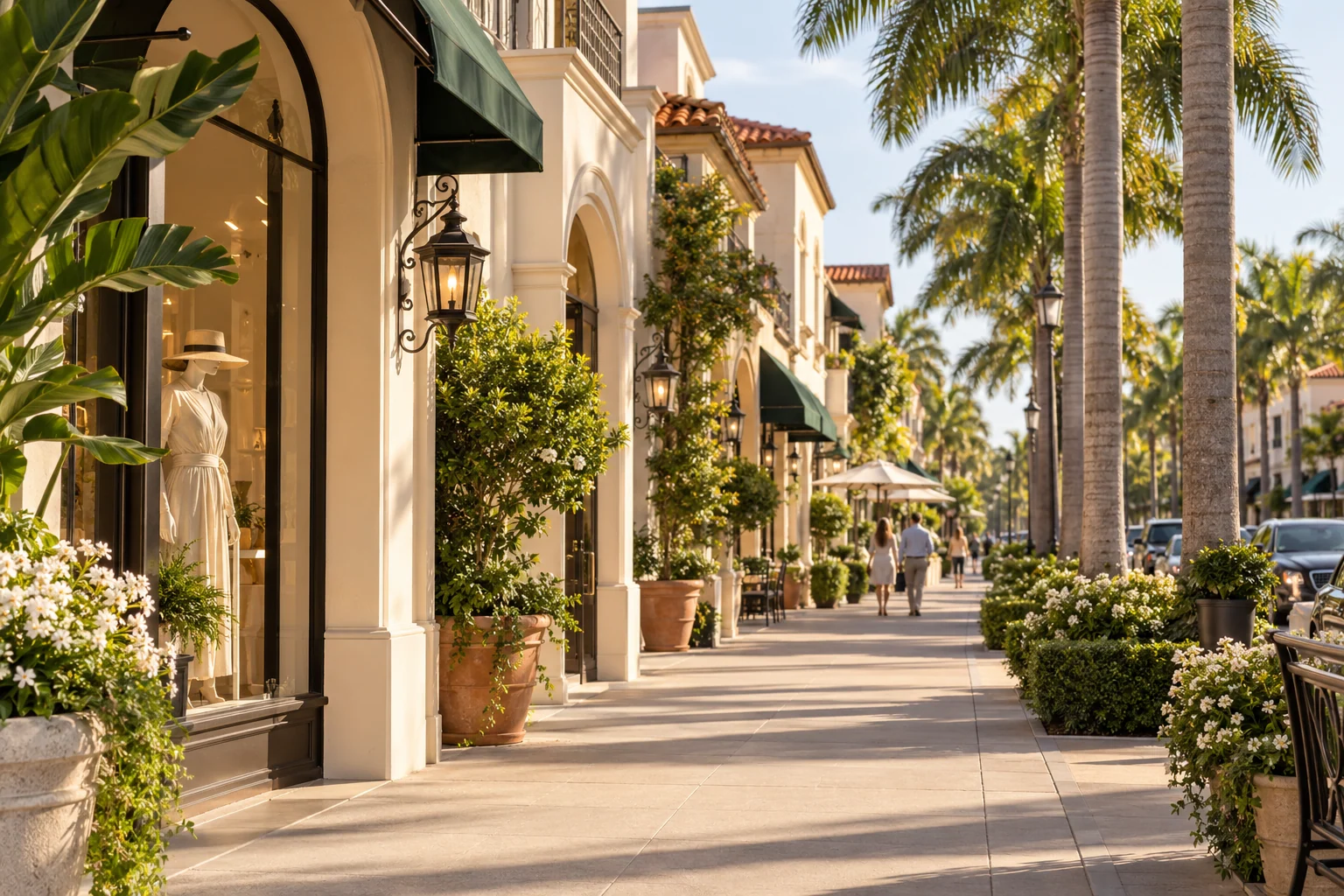 Palm-lined boutiques and low-rise coastal architecture inspired by Old Naples; an illustrative scene.