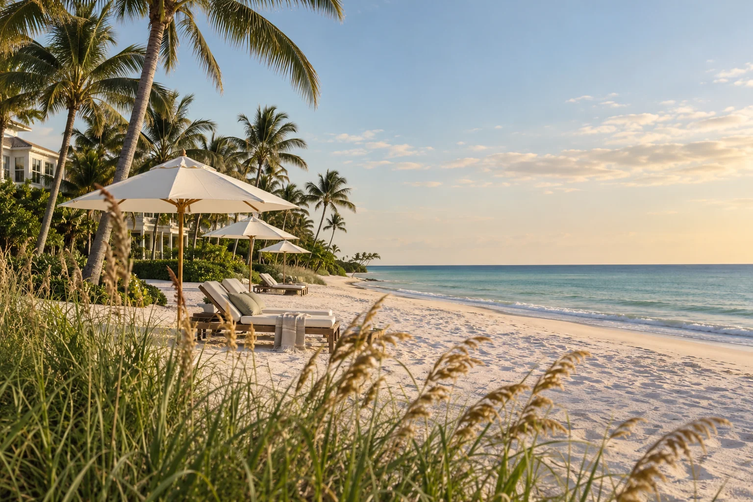 A Naples-inspired Gulf beach with white sand, palms and a tranquil view of the water; an illustrative scene.