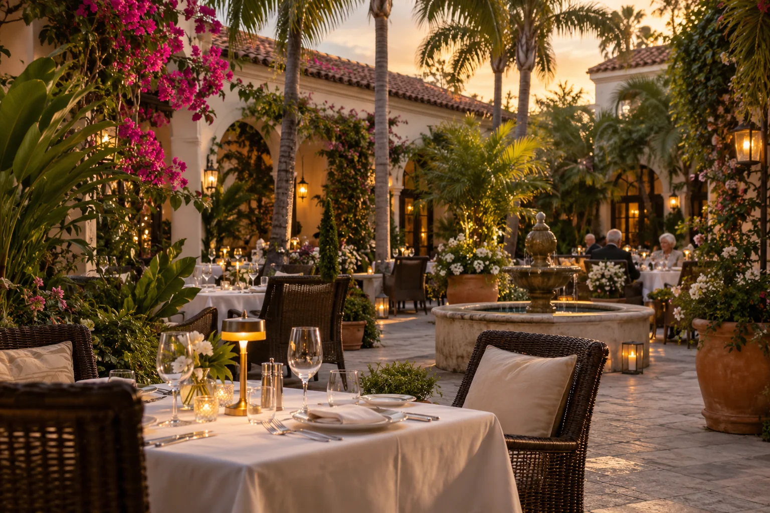 A sophisticated outdoor dining courtyard with white tablecloths, palms and warm evening light; a Naples-inspired illustrative scene.