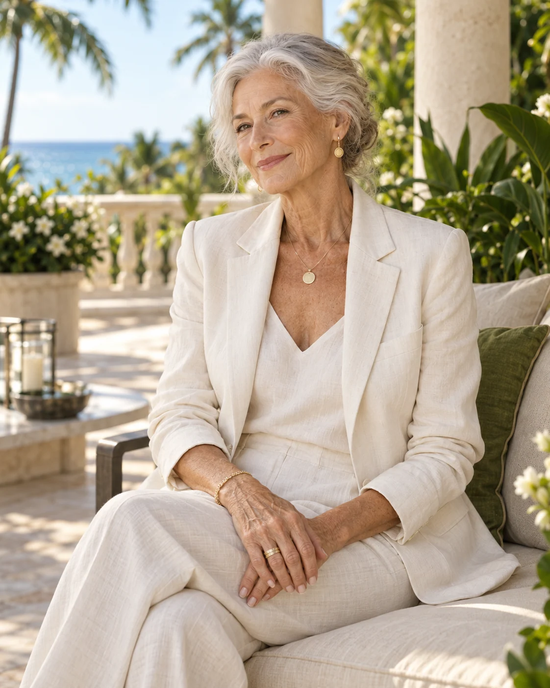 An AI-generated editorial portrait of an elegant silver-haired woman on a coastal terrace; a fictional model, not Judy.
