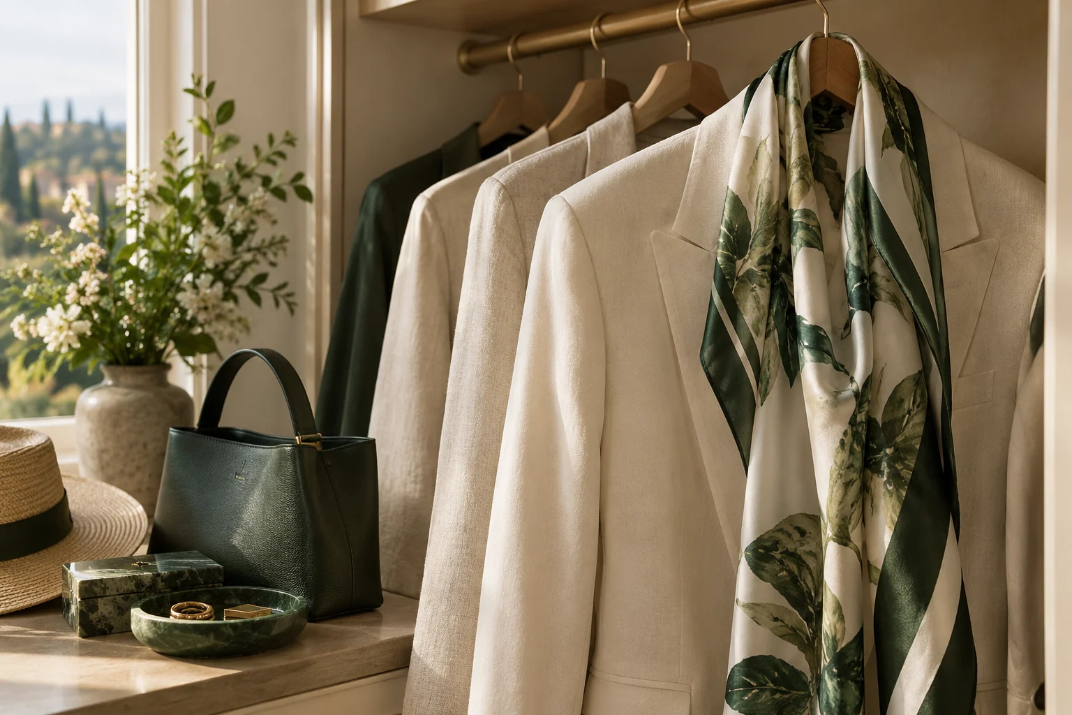 A considered wardrobe of ivory tailoring, a green silk scarf and timeless accessories; an illustrative fashion image.
